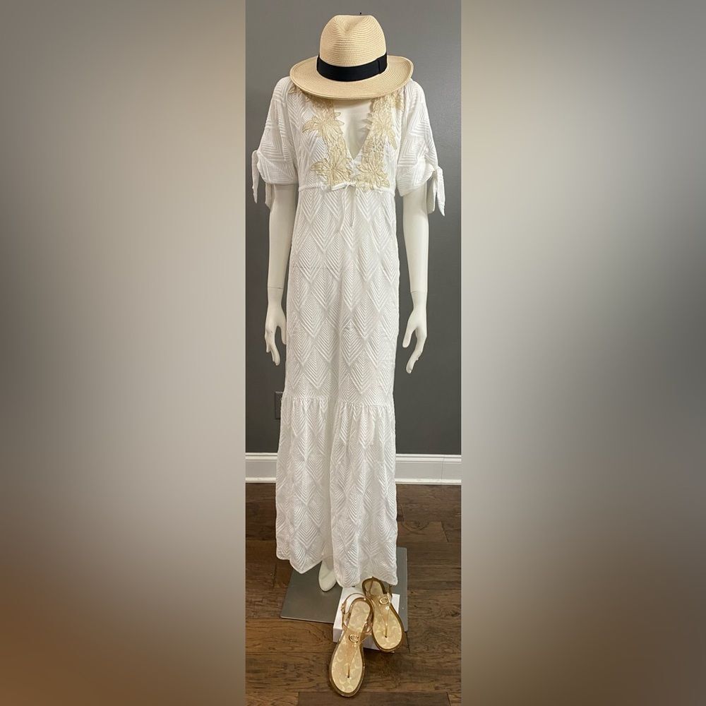 BCBGMAXAZRIA Alysa Embroidered Tie-Sleeve Maxi Dress Oversized XXS
